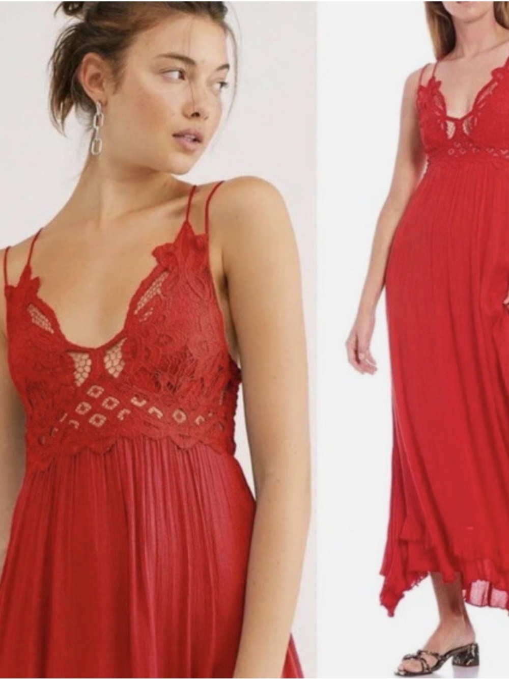 Free People Adella Maxi Slip Dress Sleeve-less Boho Crochet Lace Red XS romantic